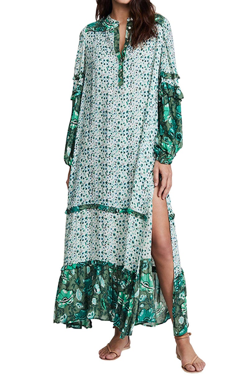 R.Vivimos Women's Long Sleeve Floral Print Bohemian Maxi Dresses with Slit (XL, Green) - Image 1